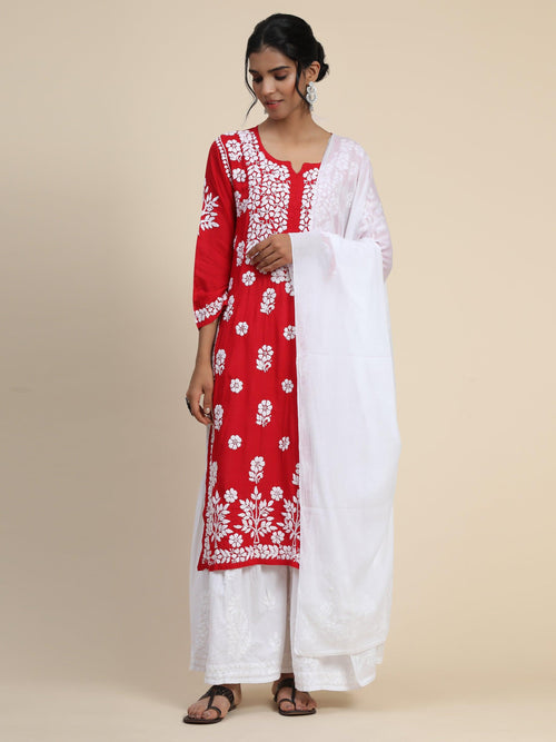Off White Kurti with Kalidaar Palazzos and Pink Orange Red Checker Dup |  Pink and orange, Red checkered, A line kurti